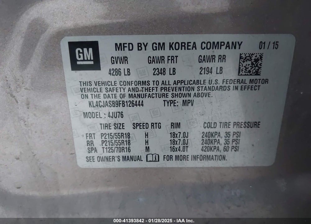 2015 BUICK ENCORE VIN: KL4CJASB9FB126444