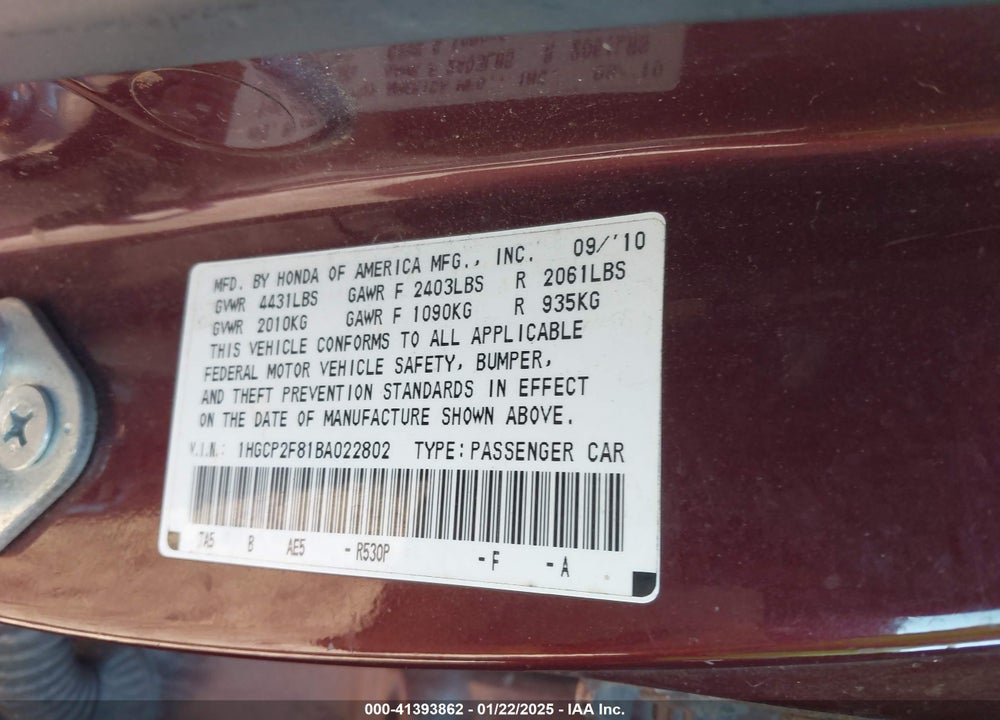 2011 HONDA ACCORD 2.4 EX-L VIN: 1HGCP2F81BA022802