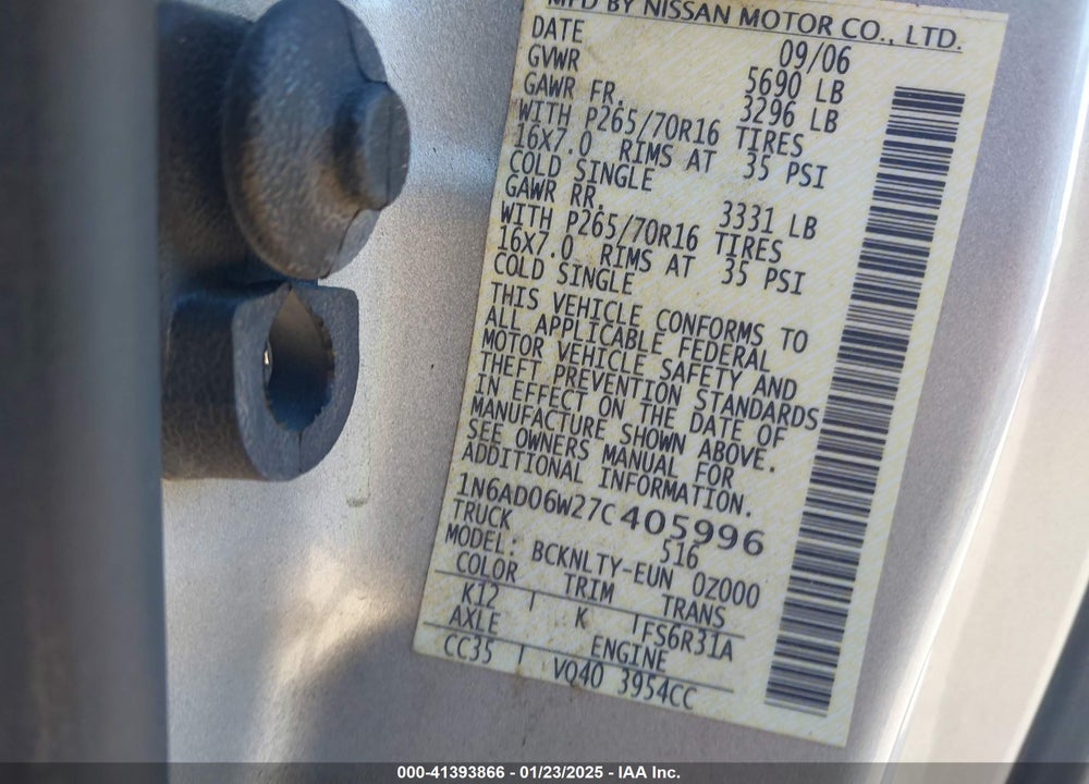 2007 NISSAN FRONTIER SE VIN: 1N6AD06W27C405996