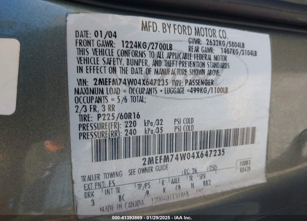 2004 MERCURY GRAND MARQUIS GS VIN: 2MEFM74W04X647235