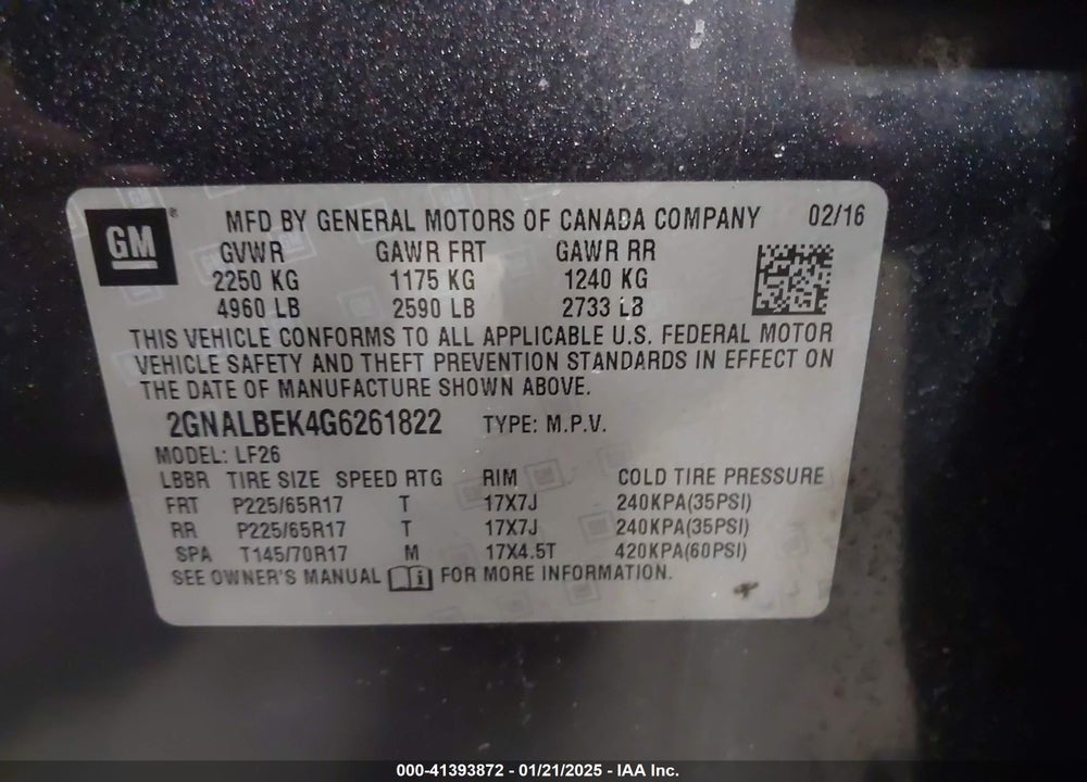 2016 CHEVROLET EQUINOX LS VIN: 2GNALBEK4G6261822