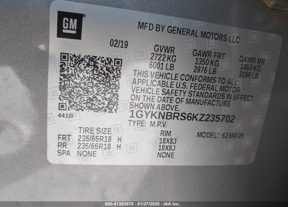 2019 CADILLAC XT5 STANDARD VIN: 1GYKNBRS6KZ235702