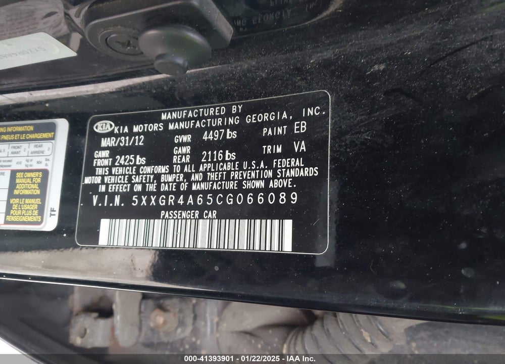 2012 KIA OPTIMA VIN: 5XXGR4A65CG066089
