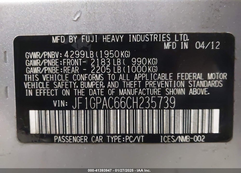 2012 SUBARU IMPREZA 2.0I PREMIUM VIN: JF1GPAC66CH235739