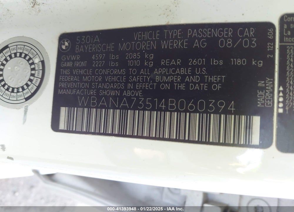 2004 BMW 530I VIN: WBANA73514B060394