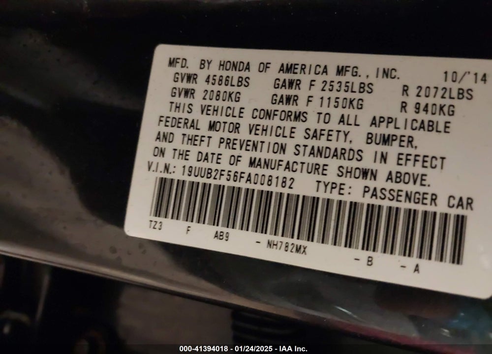 2015 ACURA TLX VIN: 19UUB2F56FA008182