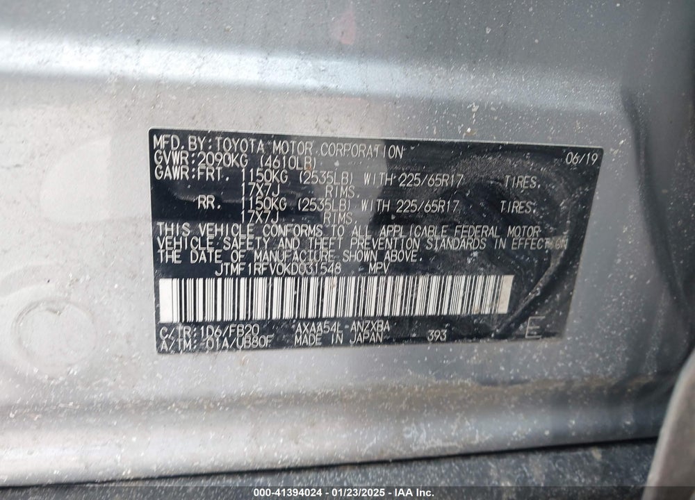 2019 TOYOTA RAV4 LE VIN: JTMF1RFV0KD031548