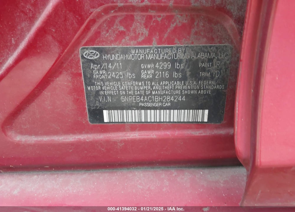 2011 HYUNDAI SONATA GLS VIN: 5NPEB4AC1BH284244