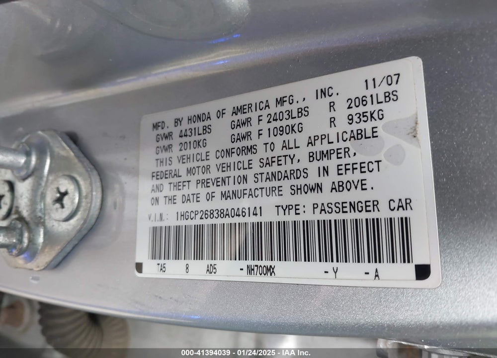 2008 HONDA ACCORD VIN: 1HGCP26838A046141