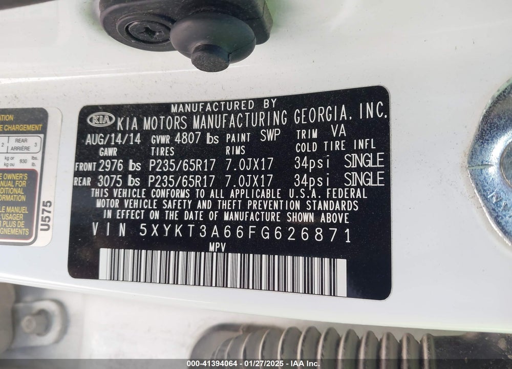 2015 KIA SORENTO LX VIN: 5XYKT3A66FG626871