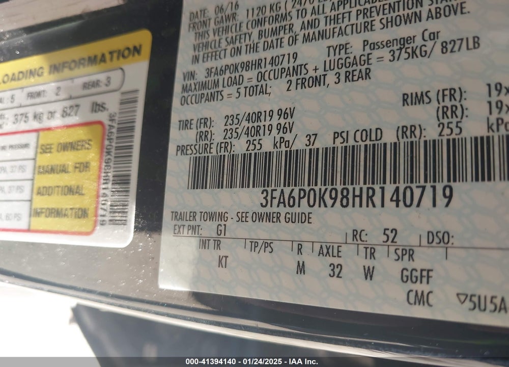 2017 FORD FUSION VIN: 3FA6P0K98HR140719