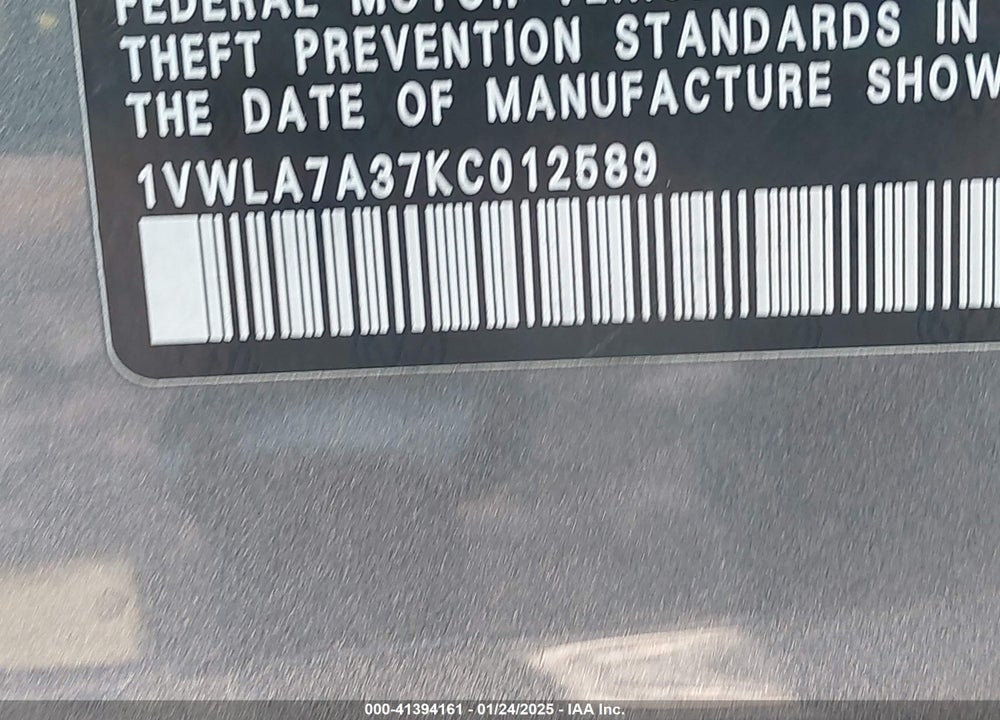 2019 VOLKSWAGEN PASSAT VIN: 1VWLA7A37KC012589