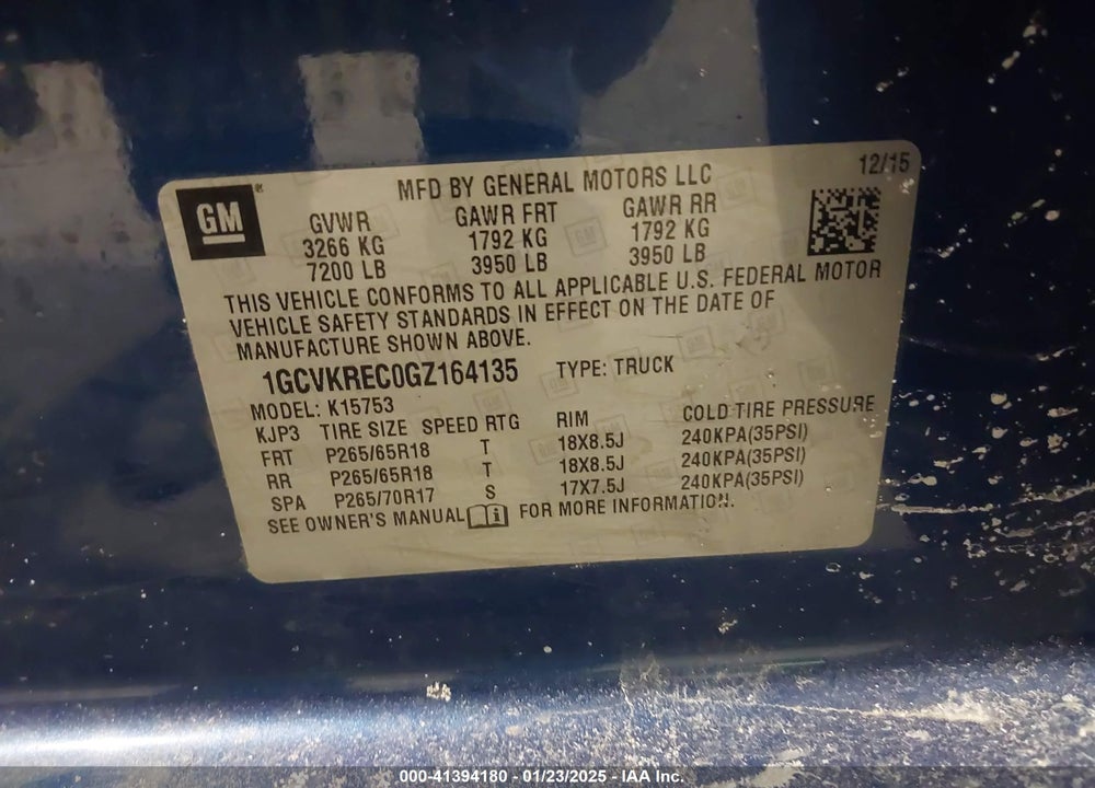 2016 CHEVROLET SILVERADO 1500 VIN: 1GCVKREC0GZ164135