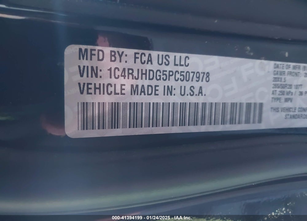 2023 JEEP GRAND CHEROKEE OVERLAND 4X4 VIN: 1C4RJHDG5PC507978