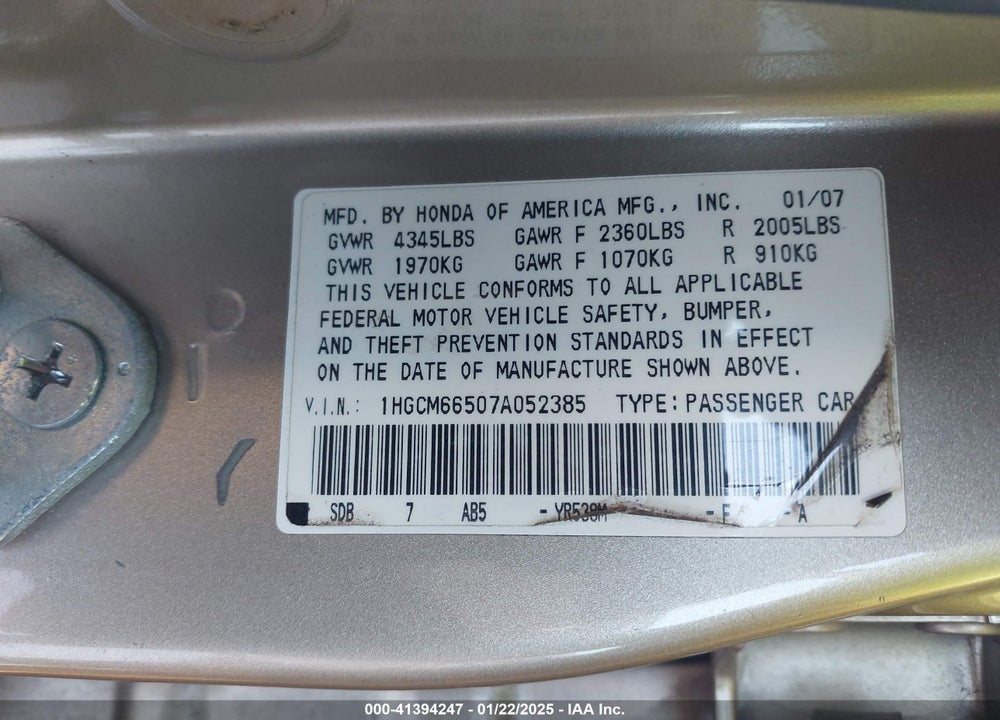 2007 HONDA ACCORD 3.0 EX VIN: 1HGCM66507A052385