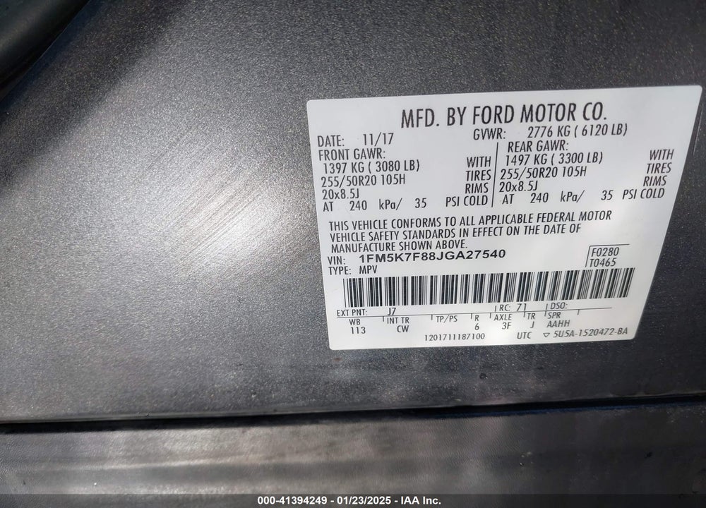 2018 FORD EXPLORER LIMITED VIN: 1FM5K7F88JGA27540