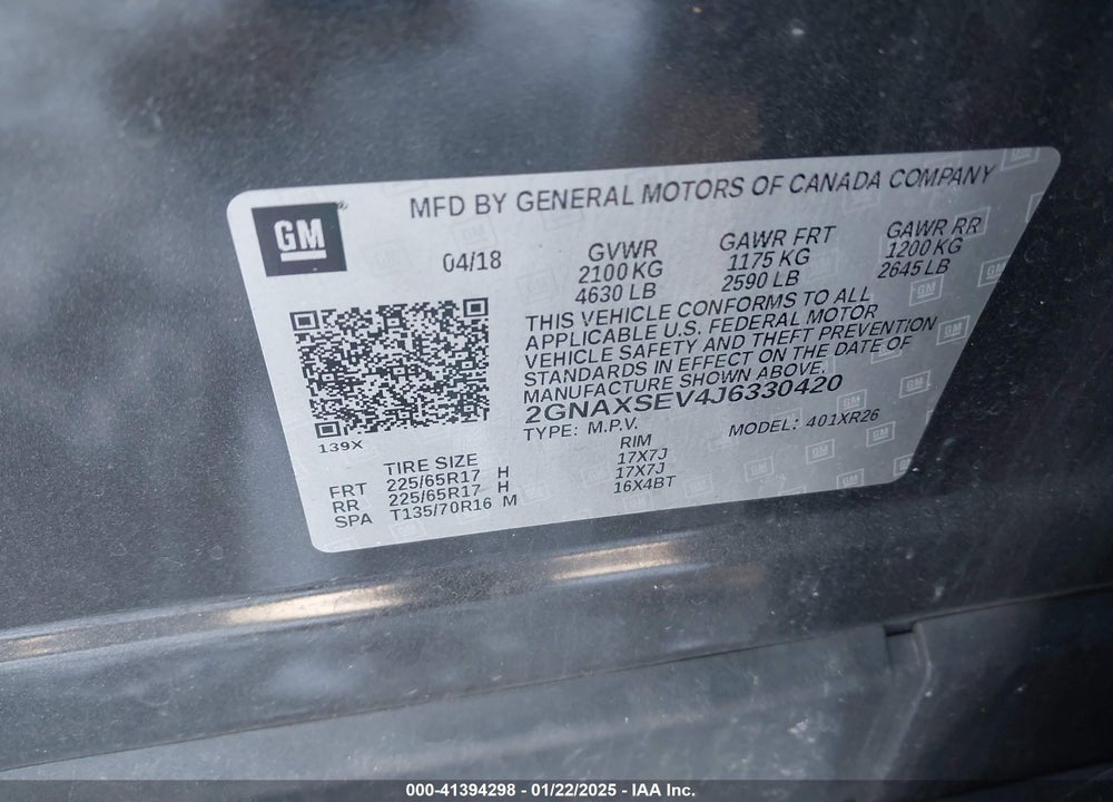 2018 CHEVROLET EQUINOX LT VIN: 2GNAXSEV4J6330420