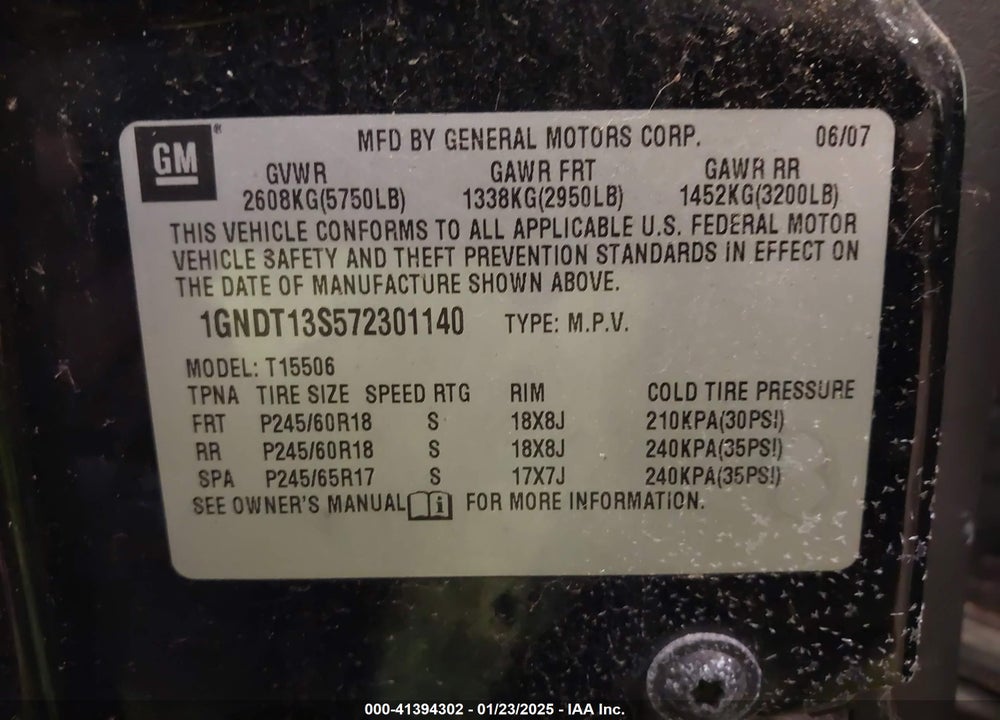 2007 CHEVROLET TRAILBLAZER LT VIN: 1GNDT13S572301140