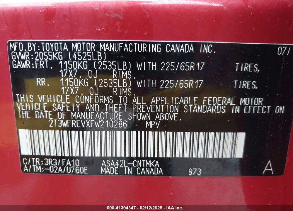 2015 TOYOTA RAV4 XLE VIN: 2T3WFREVXFW210286