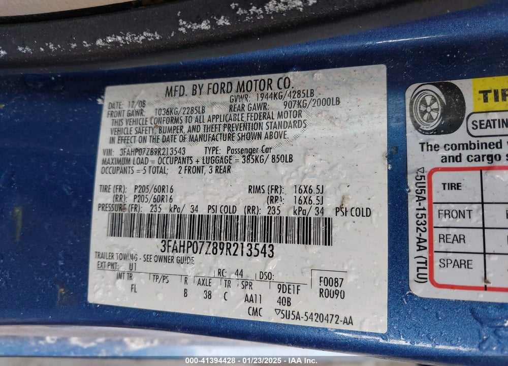 2009 FORD FUSION SE VIN: 3FAHP07Z89R213543