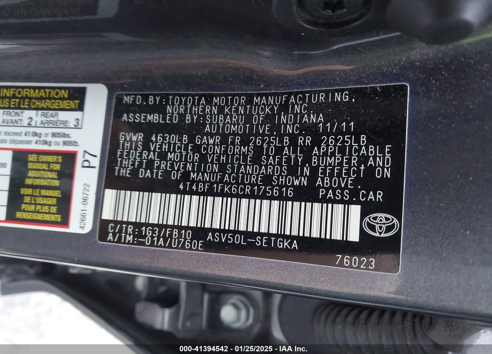 2012 TOYOTA CAMRY VIN: 4T4BF1FK6CR175616