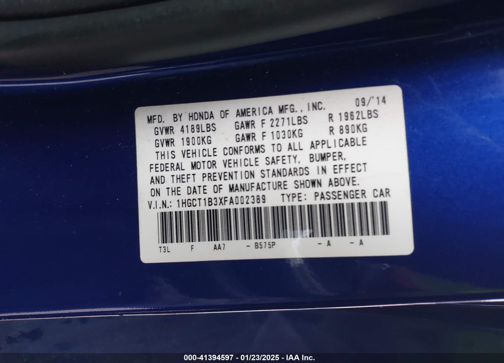 2015 HONDA ACCORD LX-S VIN: 1HGCT1B3XFA002389