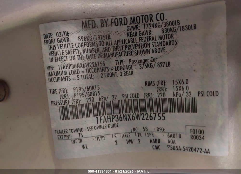 2006 FORD FOCUS ZXW VIN: 1FAHP36NX6W226755