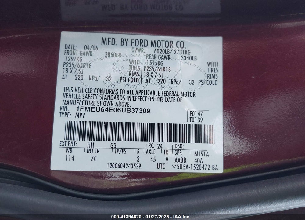 2006 FORD EXPLORER EDDIE BAUER VIN: 1FMEU64E06UB37309