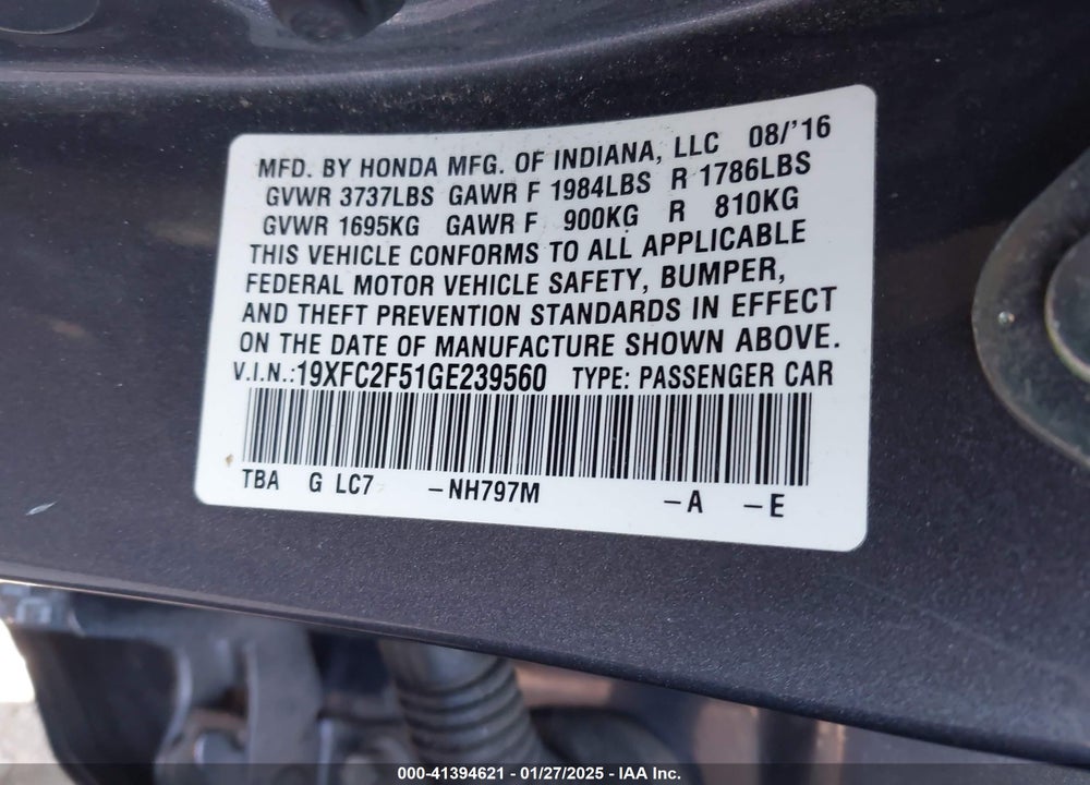 2016 HONDA CIVIC VIN: 19XFC2F51GE239560