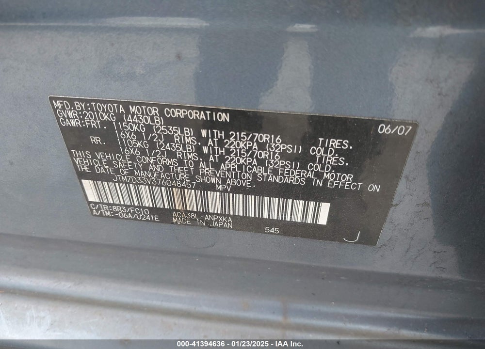 2007 TOYOTA RAV4 VIN: JTMZD33V376048457
