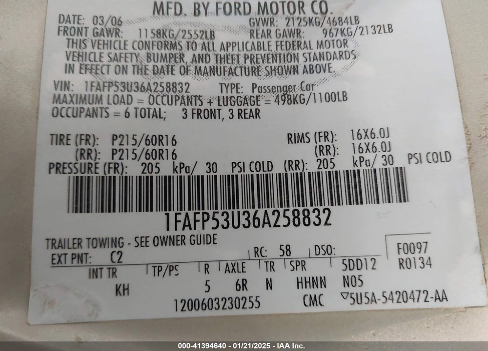 2006 FORD TAURUS VIN: 1FAFP53U36A258832