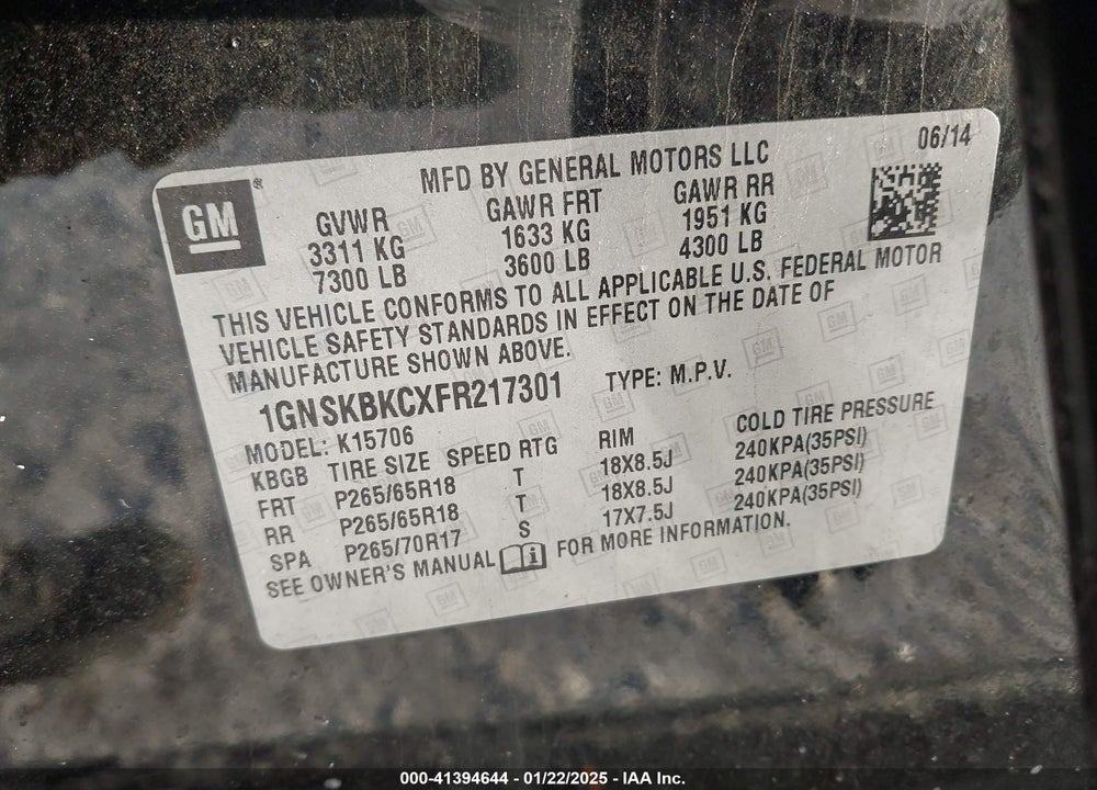 2015 CHEVROLET TAHOE LT VIN: 1GNSKBKCXFR217301