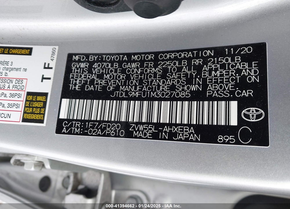 2021 TOYOTA PRIUS LE AWD-E VIN: JTDL9MFU1M3027085