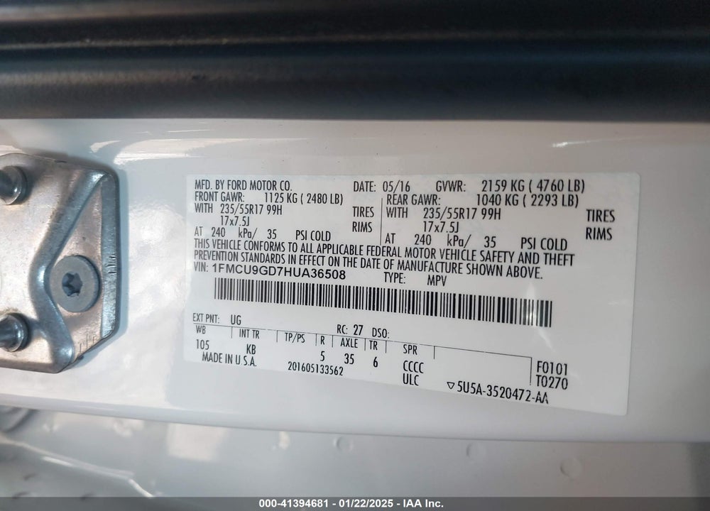 2017 FORD ESCAPE SE VIN: 1FMCU9GD7HUA36508