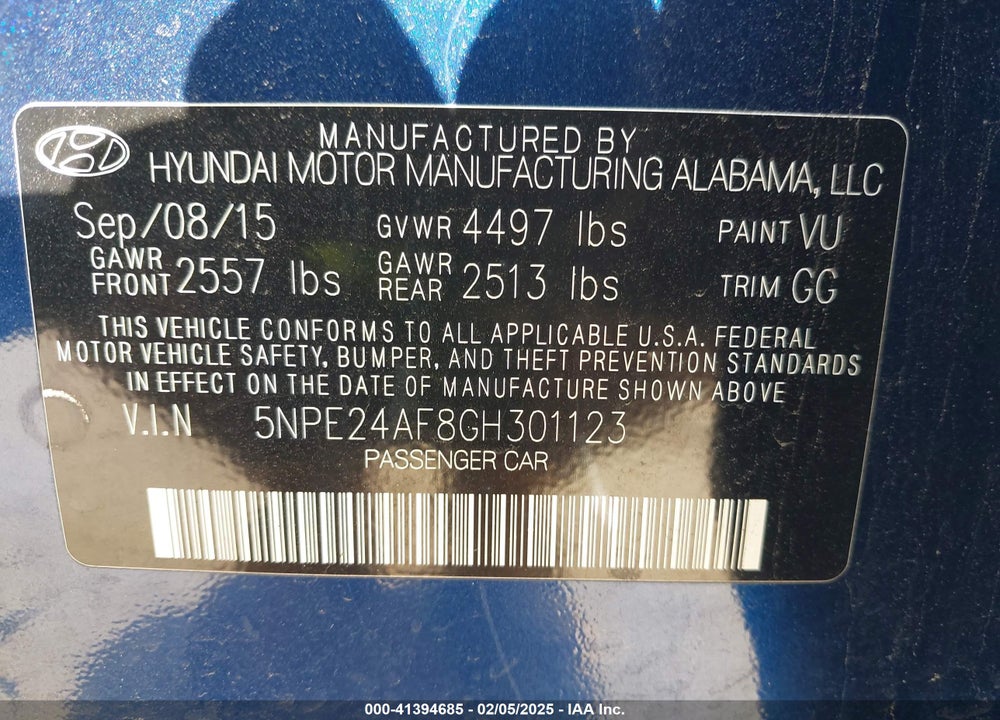 2016 HYUNDAI SONATA SE VIN: 5NPE24AF8GH301123