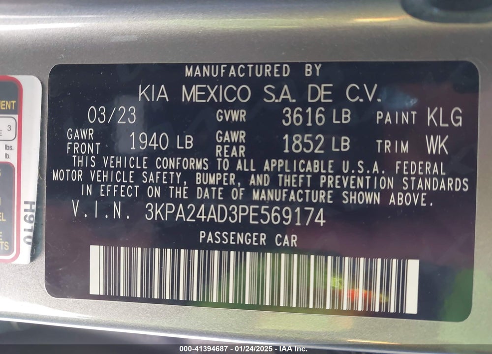 2023 KIA RIO S VIN: 3KPA24AD3PE569174