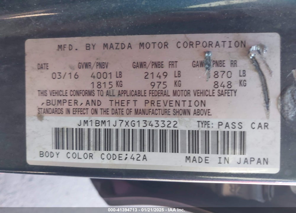 2016 MAZDA MAZDA3 VIN: JM1BM1J7XG1343322