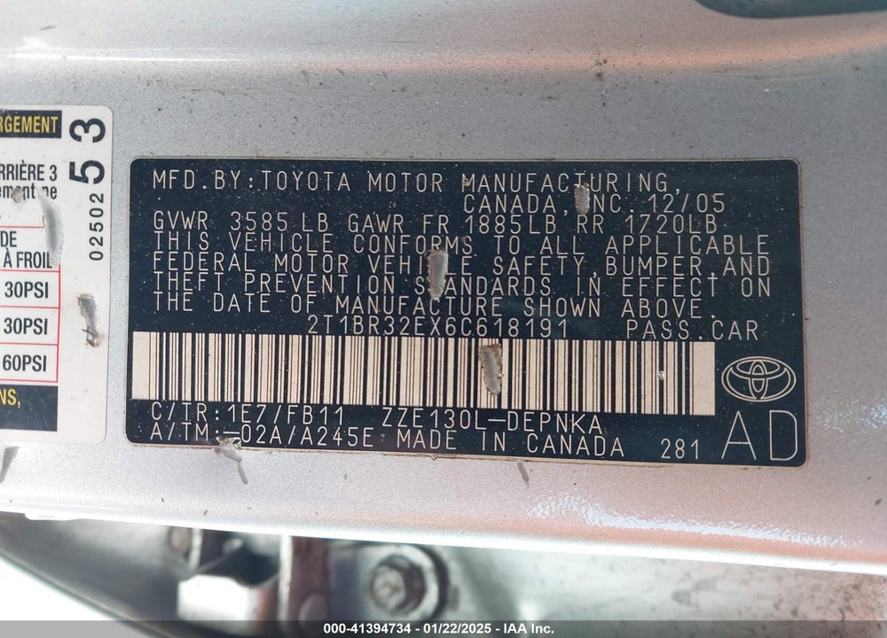 2006 TOYOTA COROLLA LE VIN: 2T1BR32EX6C618191
