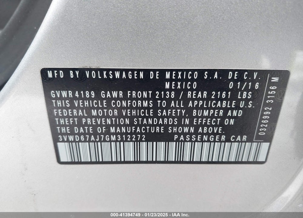 2016 VOLKSWAGEN JETTA VIN: 3VWD67AJ7GM312272