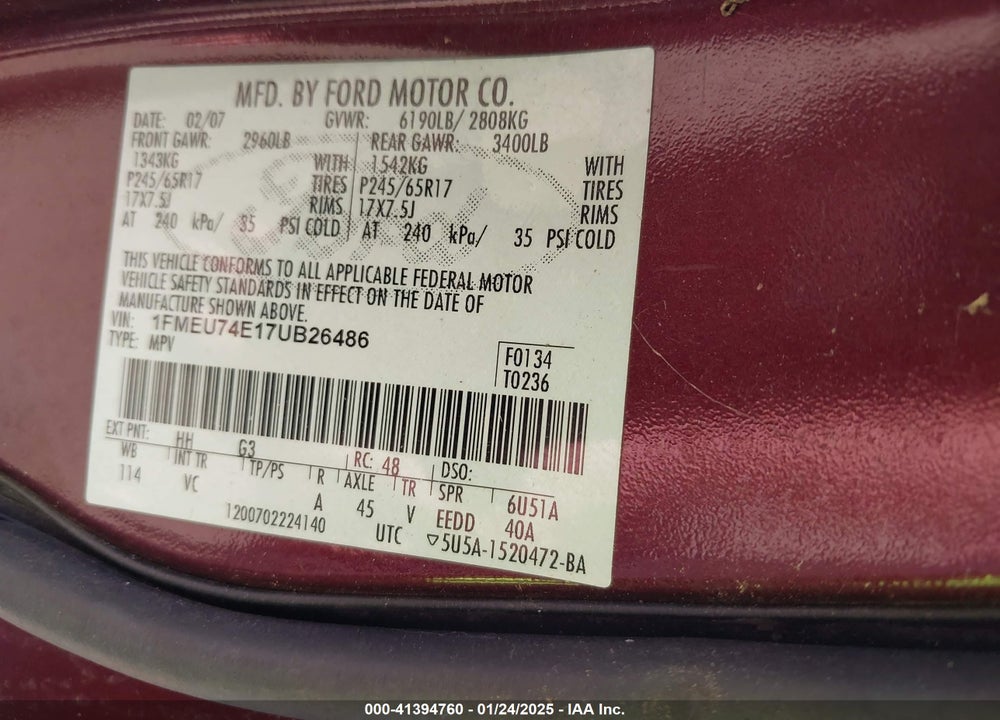 2007 FORD EXPLORER EDDIE BAUER VIN: 1FMEU74E17UB26486