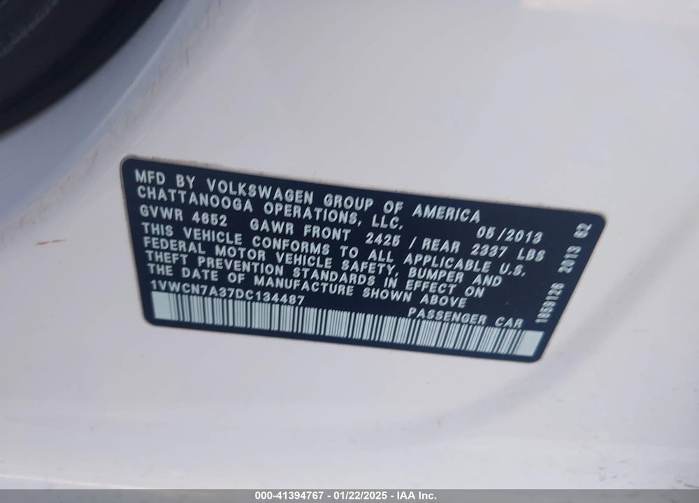 2013 VOLKSWAGEN PASSAT VIN: 1VWCN7A37DC134487