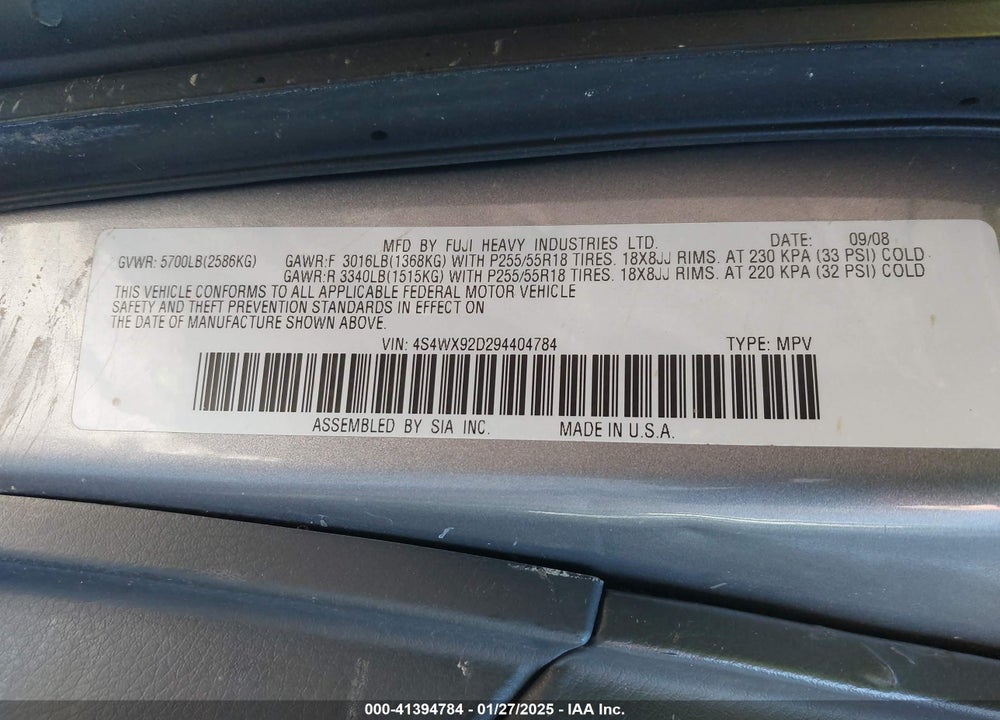 2009 SUBARU TRIBECA LIMITED 5-PASSENGER VIN: 4S4WX92D294404784