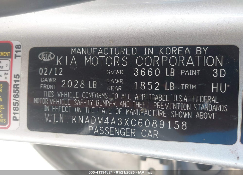 2012 KIA RIO VIN: KNADM4A3XC6089158