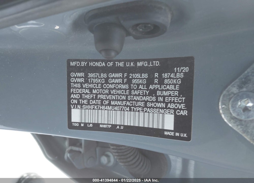 2021 HONDA CIVIC VIN: SHHFK7H64MU407704