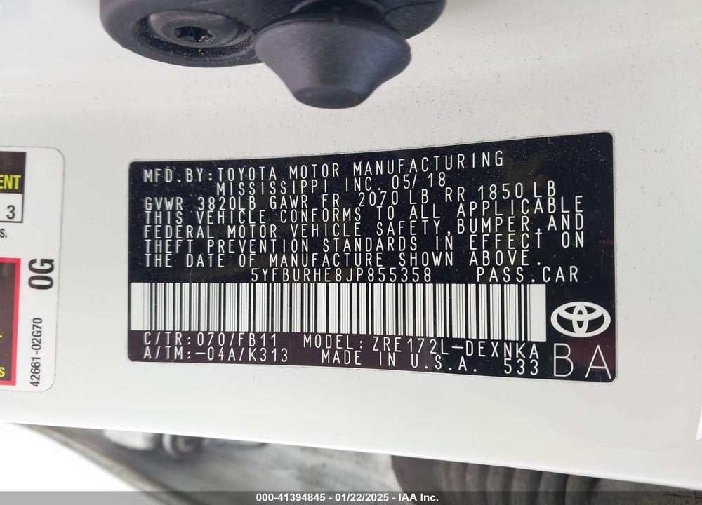 2018 TOYOTA COROLLA VIN: 5YFBURHE8JP855358
