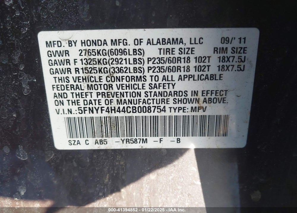 2012 HONDA PILOT EX VIN: 5FNYF4H44CB008754