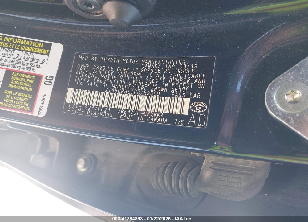 2017 TOYOTA COROLLA VIN: 2T1BURHE2HC759509