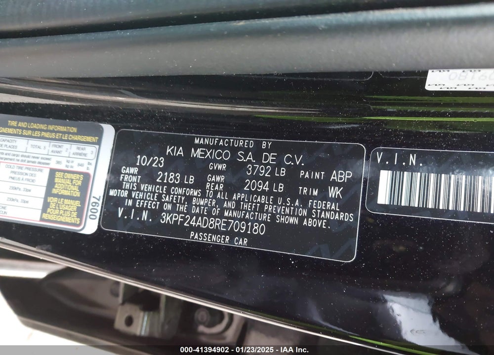 2024 KIA FORTE VIN: 3KPF24AD8RE709180