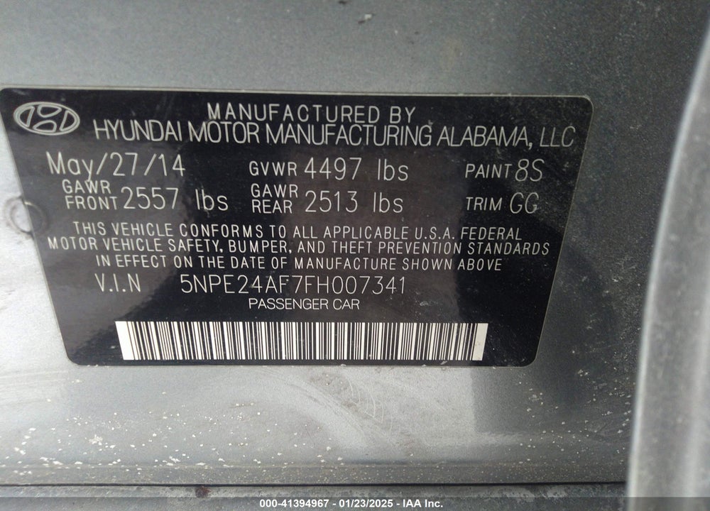 2015 HYUNDAI SONATA VIN: 5NPE24AF7FH007341