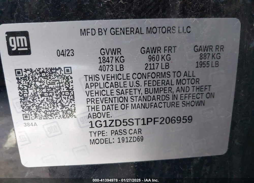 2023 CHEVROLET MALIBU VIN: 1G1ZD5ST1PF206959